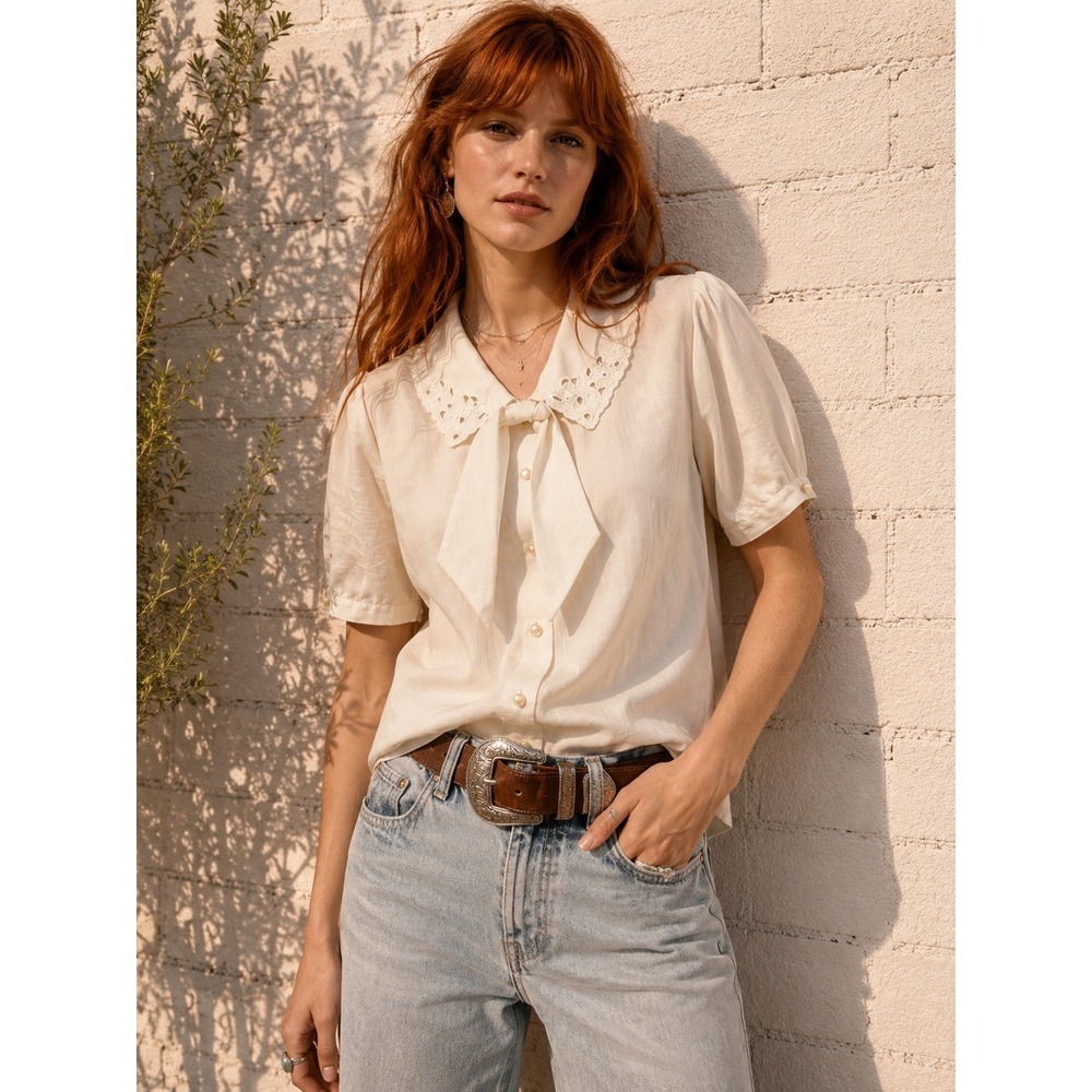 Vintage Rhapsody Cream Rayon Blend‎ Eyelet Lace Tie Neck Blouse Academia Medium